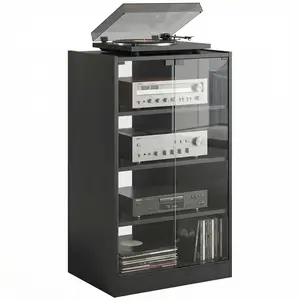 Media Cabinet, 4-Tier Stereo Cabinet for Vinyl Record Player, Gaming Console, AV Record Player Stand with Adjustable Shelves, Push-to-Open Glass Doors and Cable Management, Distressed Black