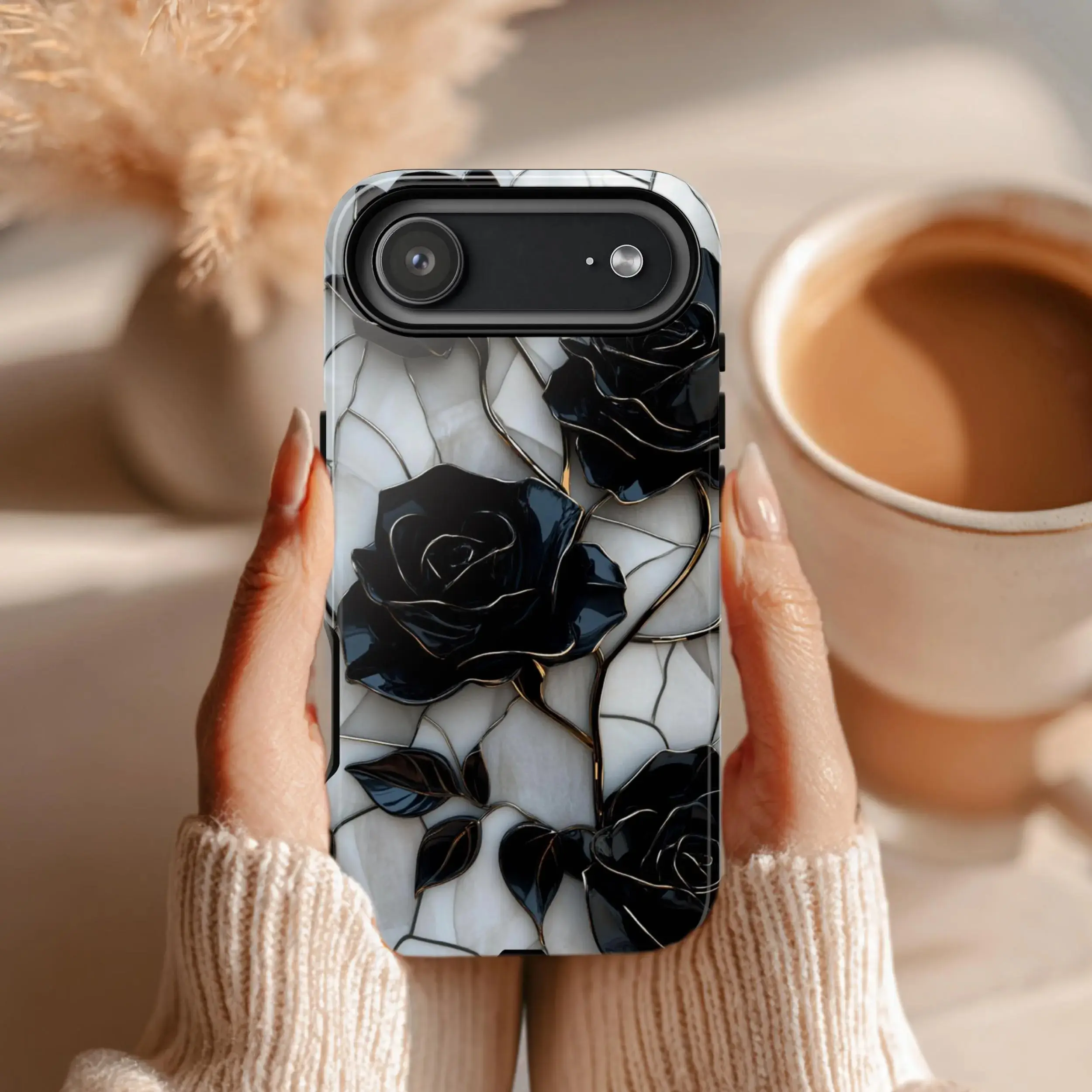 Black Rose Stained Glass iPhone Case For iphone 17 pro case iphone 16 pro max case 15 14 13 12 11 & Samsung S25 Ultra, cute pretty phone cases, PC & TPU Hybrid Shockproof phone case make it durable sturdy protective fits supports phone