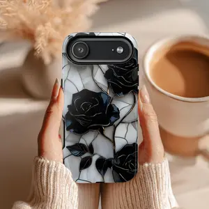 Black Rose Stained Glass iPhone Case | Gothic Floral Aesthetic | Elegant Dark Romance Protective Cover | MagSafe Compatible for All iPhone Models