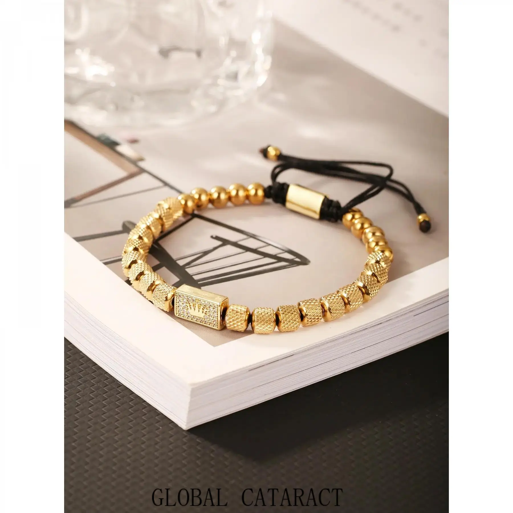 GLOBAL  1PC Fashion Luxury Stainless Steel Pine Branch Crown Charm Adjustable Bracelet Elegant Bangle for Men Jewelry Gift for Him High Quality