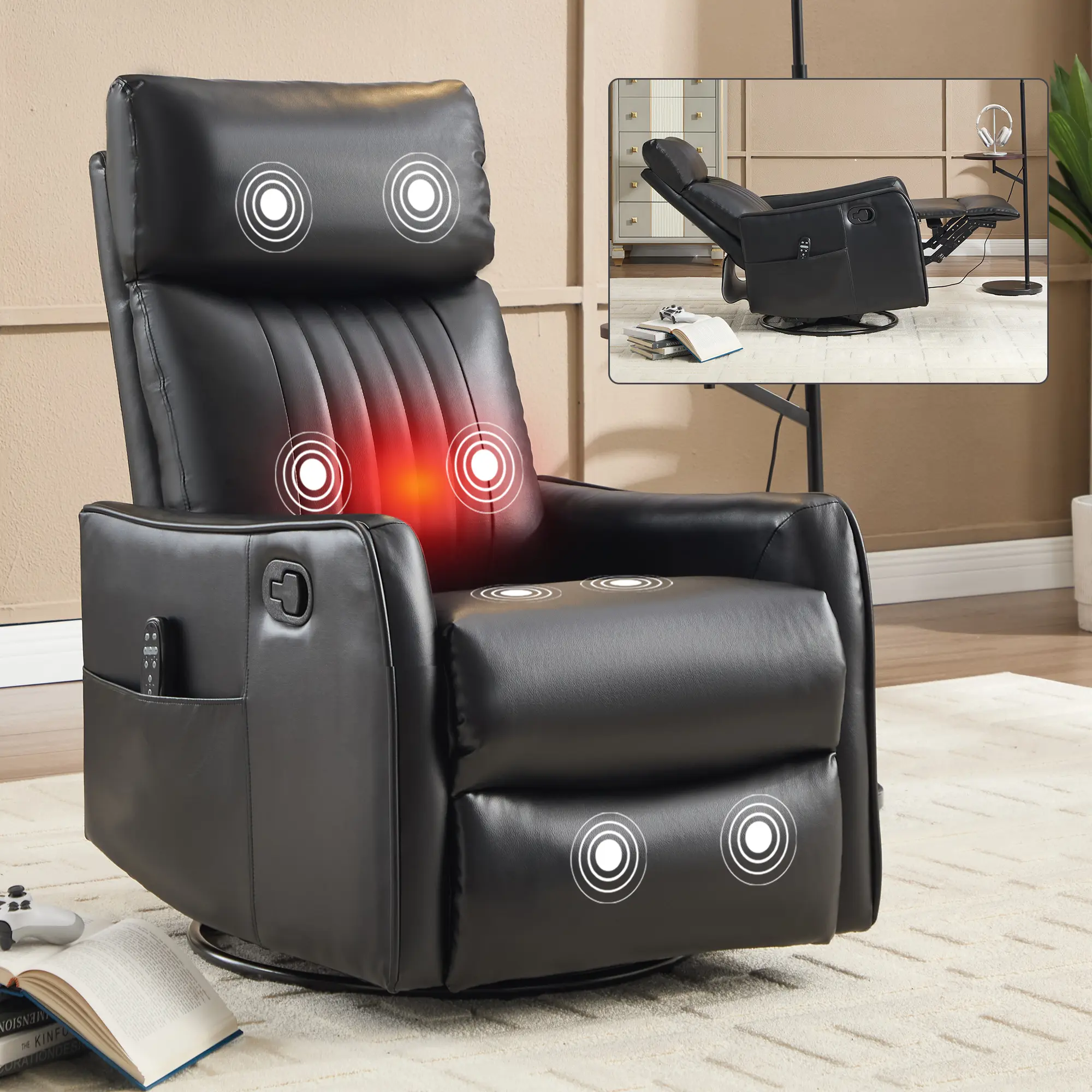 PU/Fabric Multi-Color Recliner Chair - 360° Swivel, Rocking Function, Manual 155° Recline, 8 Vibrating Massage Nodes, Lumbar Heat, No-Tools Assembly for Living Room