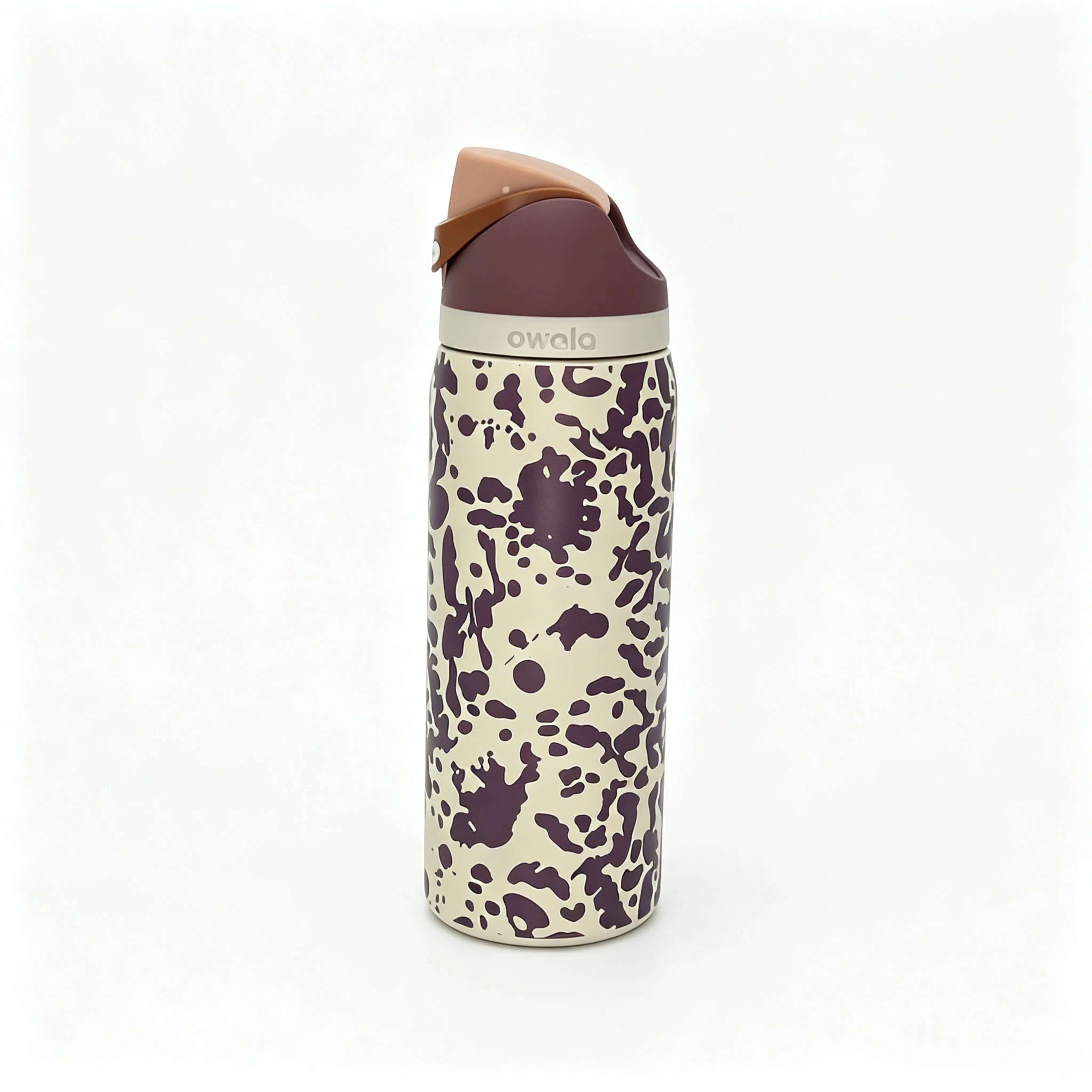 Owala 32oz FreeSip Thermal Insulated Stainless Steel Flask - Stylish Cream Base with Plum Purple Cow Spots Print, Flip Lid, Leakproof Western Flair Reusable Drinkware for Gym, Outdoor Sports portable thermos perfect gift idea regalo para ella straw hole
