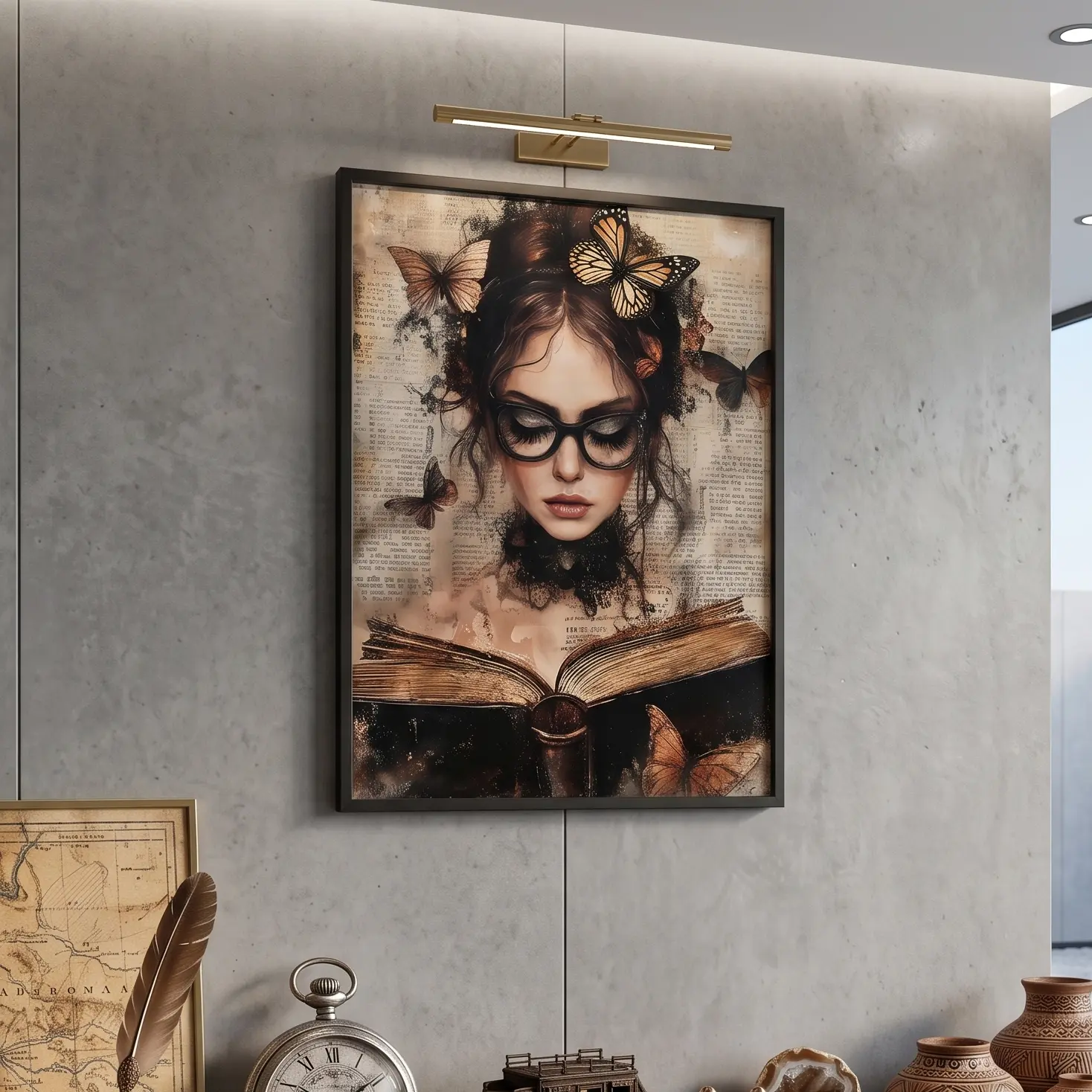 Gothic Vintage Reading Woman Wall Decor Elegant Bookworm Butterfly Picture Display Dark Academia Graphic Artwork for Book Nook Living Room