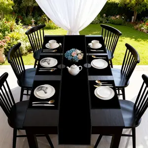 2D flat printing, 5-piece/7-piece retro pure black table flag and placemat set, rustic retro style, pure black table flag placemat, suitable for kitchen and dining rooms, coffee, weddings, indoor and outdoor parties, elegant table decoration