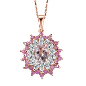 Premium Pink Morganite and Multi Gemstone 2.25 ctw Rose Sunburst Pendant Necklace in 18K Vermeil Rose Gold Over Sterling Silver 20 Inches Christmas Gifts