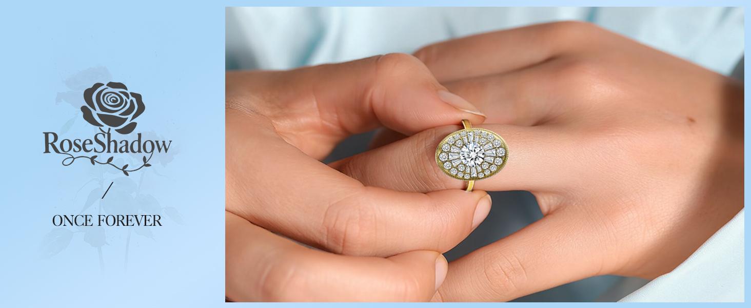 ROSESHADOW 1CT Moissanite Rings for Women Oval 14K Gold Plated Sterling Silver D Color VVS1 Synthetic Moissanite Promise Engagement Bands Fine Jewelry Gifts for Her