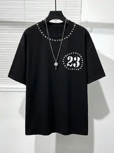 Men's Heavyweight Graphic T-Shirt Punk Studded Neckline Design Cyber Goth Streetwear Oversized Tee Y2K Aesthetic Retro Hip Hop Loose Fit Short Sleeve Top Harajuku Darkwear Apparel Vintage Number 23 Print Metal Detail Clothing Fashion for Men Grunge