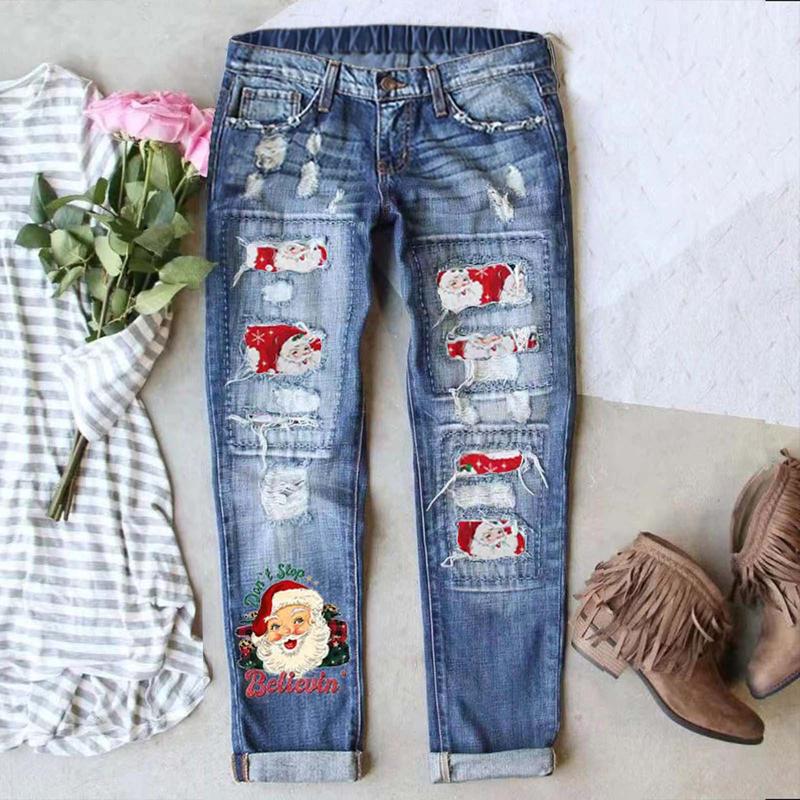 Women's Distressed Skinny Jeans Featuring red Christmas print patterns Retro distressed design Stretch waistband for comfortable wear Holiday casual street style