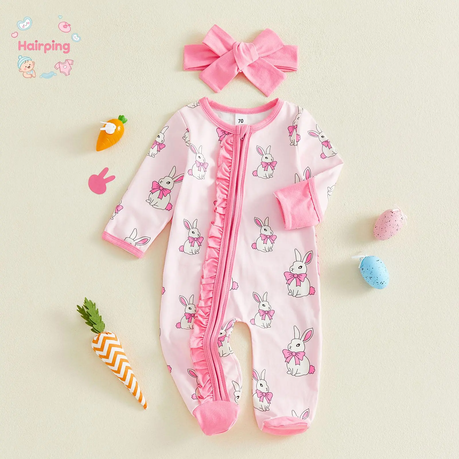 Baby Girls Pink Bunny Print Footed Onesie with Headband, Long Sleeve Zip-Up Romper with Ruffle Trim, Cute Rabbit Print Newborn Outfit, Soft Cotton Blend for Sleep & Play