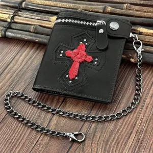 Steampunk Gothic Red Cross Wallet Skull Biker Purse with Chain Men