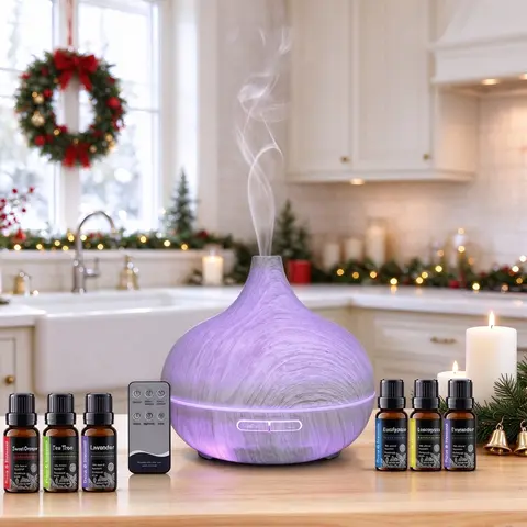 550ml Round Wood Grain Scent Humidifier - Ultrasonic Mist Diffuser, Remote Control, Whisper Quiet, 6 Premium Essential Oils Included, Automated Aromatherapy for Living Room Stress Relief, Yes