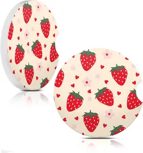 Cute  Strawberry Heart Absorbent  Cup Coasters,Cup Holders,Cork Base Drink Coasters with Finger Notch for Easy Move of  Cup Holder for Women Men 2.6"(2 Pieces)