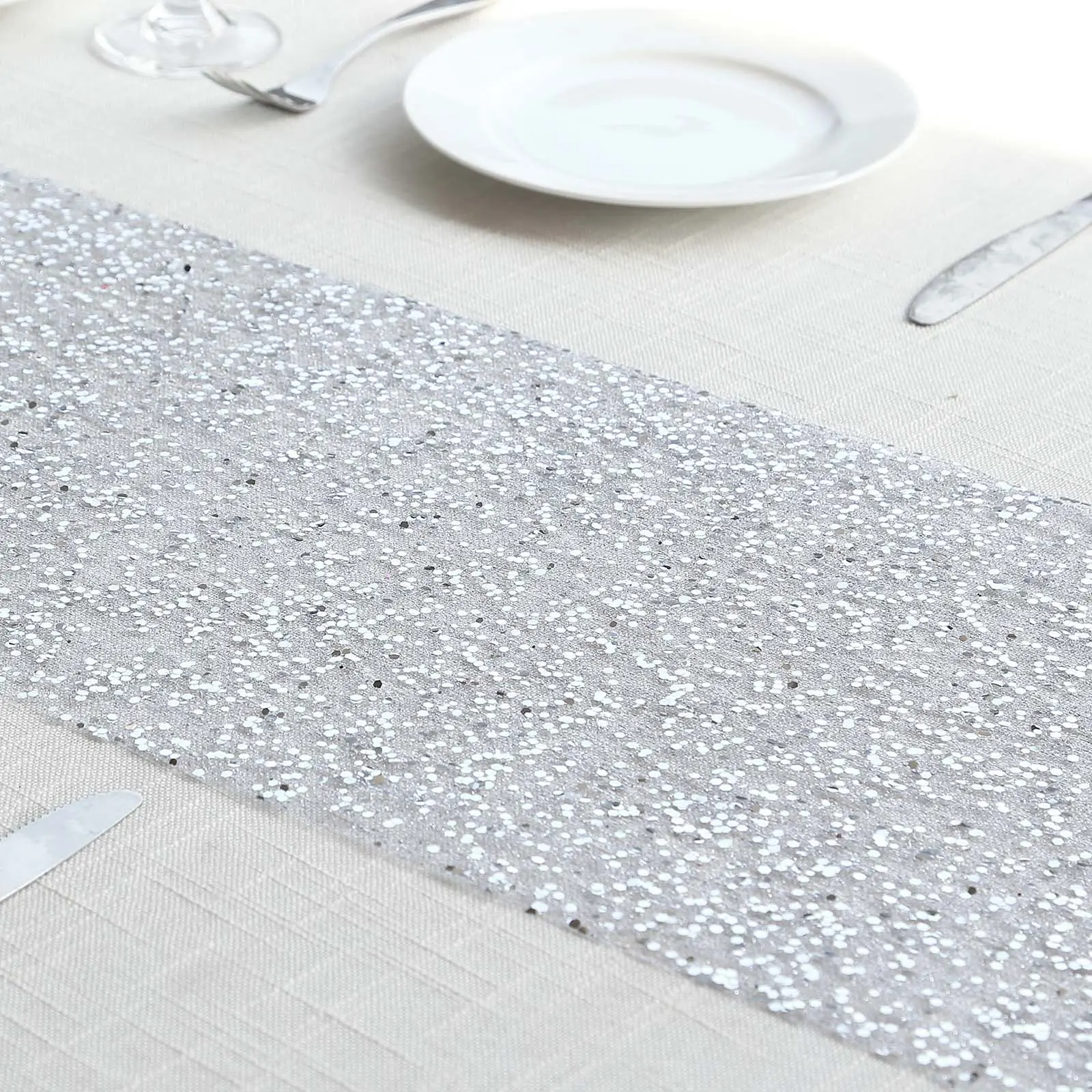Metallic Silver Mesh Table Runner - 11"x108" Glitter Design, Convenient Event Decoration for Weddings, Cake Table, Occasion Event Decor