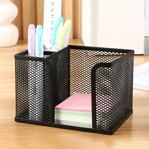 1 black pen holder, 2 gridded office supply storage boxes with note clips, desktop organizer for home, office and school, cosmetic storage box