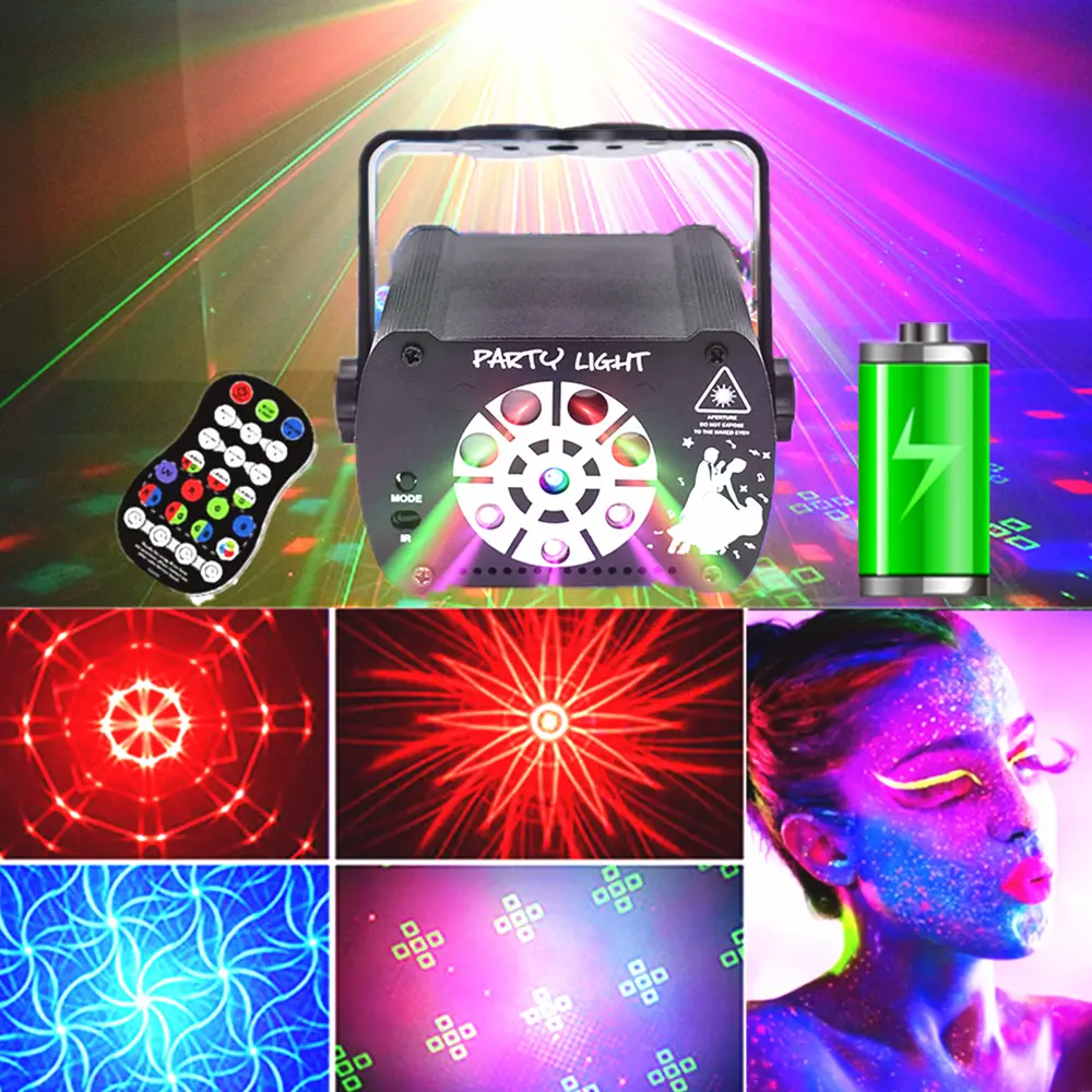 8-hole 3-in-1 UV Disco DJ Party lights Stage Shock light projection lights with remote control sound activated Jumping Dance House Party Strobe lights Halloween Christmas decorations Club Karaoke portable indoor/outdoor ambience lights