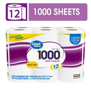 Great Value 1000 Sheets per Roll Toilet Paper, 12 Rolls, Compare to Scott 1000 Sheets Bath Tissue
