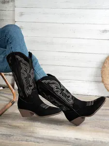Women's Retro Western Cowboy Boots, Embroidered Knight Boots, Thick Heel Fashionable Mid-Calf Boots, Spring & Fall Shoes