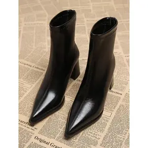 Women's Pointed Toe High Heel Boots, New Fashion Ankle Boot with Back Zipper, Chunky Heel Skinny Leather Boots