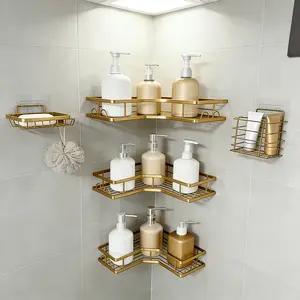 Stainless Steel Shower Storage 5-Piece Set Self-Adhesive No Drilling Rust-Resistant Bathroom Decor Accessories Pink Shampoo Body Wash Basket Large Capacity Hollow Round Design