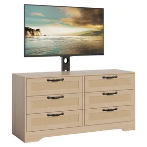 Modern TV Stand with Mount for 32-85" TVs – 6-Drawer Rattan Dresser – Media Console with Generous Storage for Living Room or Bedroom