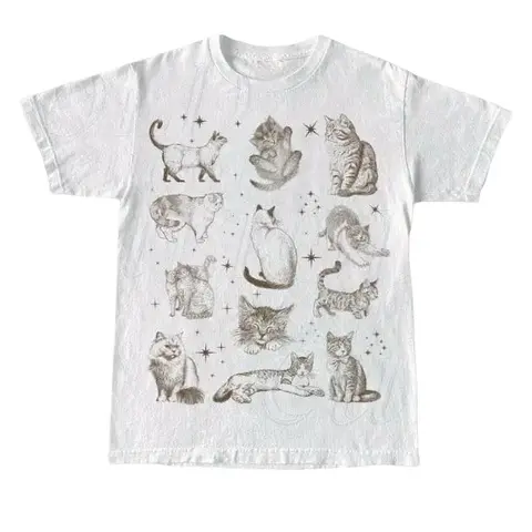Women's High-Quality Cotton Casual Printed 90s Short-Sleeve Round Neck Fitted T-Shirt - Handmade, Cartoon Style, Cute Kitty Graphic, Retro Tattoo Art, Unisex Relaxed Fit, Space-Themed Gift for Cat Lovers, Tops for Women, Do Not Bleach