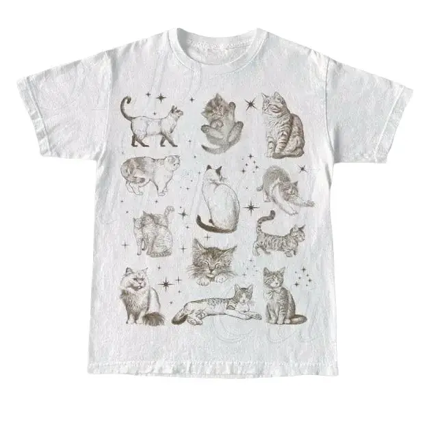Women's High-Quality Cotton Casual Printed 90s Short-Sleeve Round Neck Fitted T-Shirt - Handmade, Cartoon Style, Cute Kitty Graphic, Retro Tattoo Art, Unisex Relaxed Fit, Space-Themed Gift for Cat Lovers, Tops for Women, Do Not Bleach