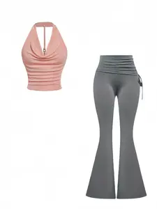 Summer Sexy Backless Metal Chain Buckle Halter Top, Slim Fit Casual Pure Color Foldover Drawstring Waist Comfort Leg Shaping Bell Bottoms Set