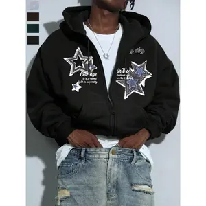 Men’s Full-Zip Fleece Hoodie Jacket with Star Print, Basic Casual Hooded Sweatshirt, Comfortable Fashion Essential for Daily Wear