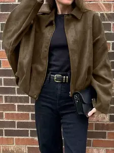 Women's Autumn Winter Suede Texture Zipper Loose Fit bomber jacket, Stylish Turn-Down Collar Design for Casual Wear