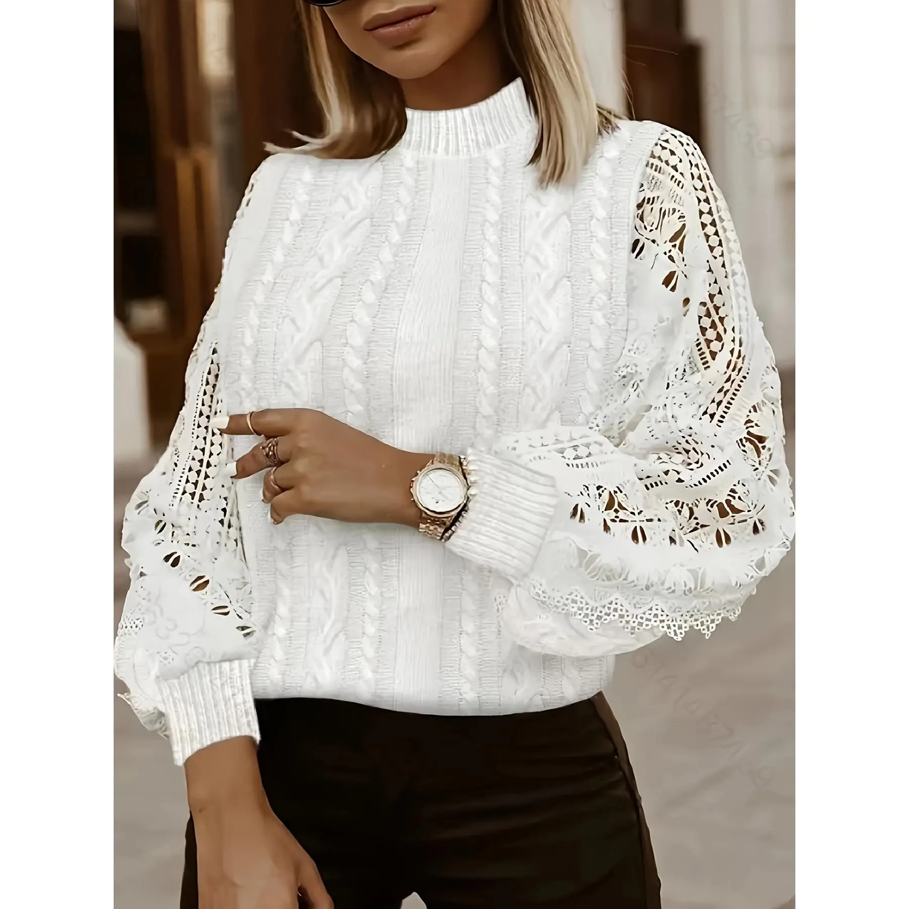 Women'S Elegant Sweater with Lace Detail - Mandarin Collar, Geometric Pattern, Fall/Winter Style, Contrast Lace Design, Winter Sweater | Lace Top | Mandarin Collar Top, Sweater Top