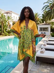 Luxury Peacock Print Caftan Cover-up for Women, V-Neck Silky Kimono Beach Dress, Lightweight Flowy Swimwear Coverup for Vacation, Poolside, and Resort Wear