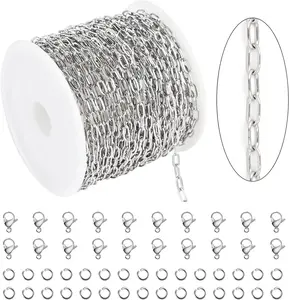 KYUNHOO 32.8 Feet 304 Stainless Steel Chain Bulk Silver Paperclip Chains for Jewelry Making Soldered Flat Oval Chains Link on Spool Paper Clip Chain Roll with Lobster Clasps and Jump Rings