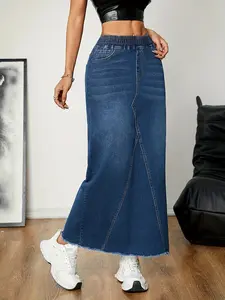 JUNBAOSS Women's Casual Stretch Mid Rise Long Denim Skirt Women Pull On Mid-Length Streetwear Denim A Line Skirt Women's Elegant Style Elastic Hip Skirt Flowing Beard Splicing A-shaped Long Skirt