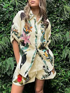 Women's Floral Print Two-Piece Set, Casual Shirt and Shorts, Comfortable and Stylish Summer Wear, Perfect for Daily Activities