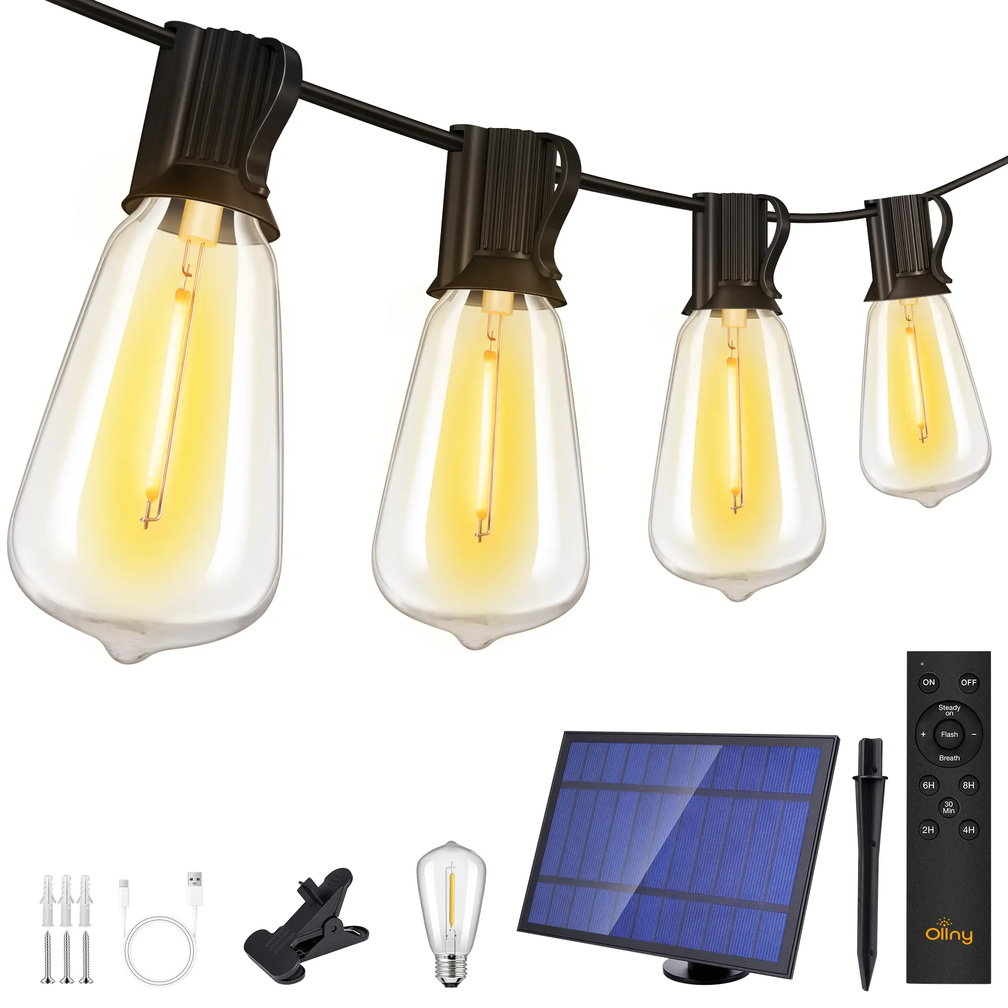Ollny ST38 Solar String Lights, USB & Solar Dual Charging Waterproof  Outdoor String Lights, 3 Modes 5 Timers 10 Brightness 2200K Patio Lights for Garden Market Camping Backyard Tree Bistro Porch Decor