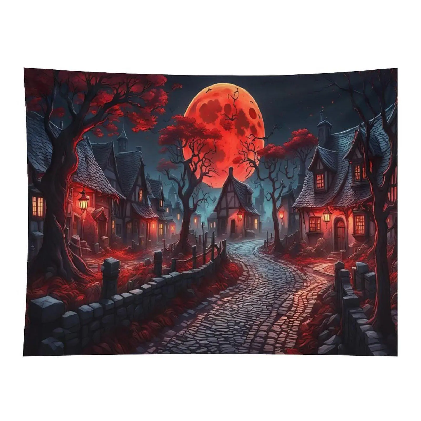 Rectangular Gothic Horror Fabric Tapestry Wall Hanging - Spooky Red Blood Moon, Medieval Village Street, Twisted Red Tree Cottage Scenery Halloween Wall Decor for Teen Bedroom Dorm Backdrop