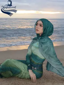 Women's Forest-Inspired Tie-Dye Print Hijab Scarf, Muslim Elegant Printed Headscarf & Headwrap, Breathable Long Beach Shawl, Turban Hijab