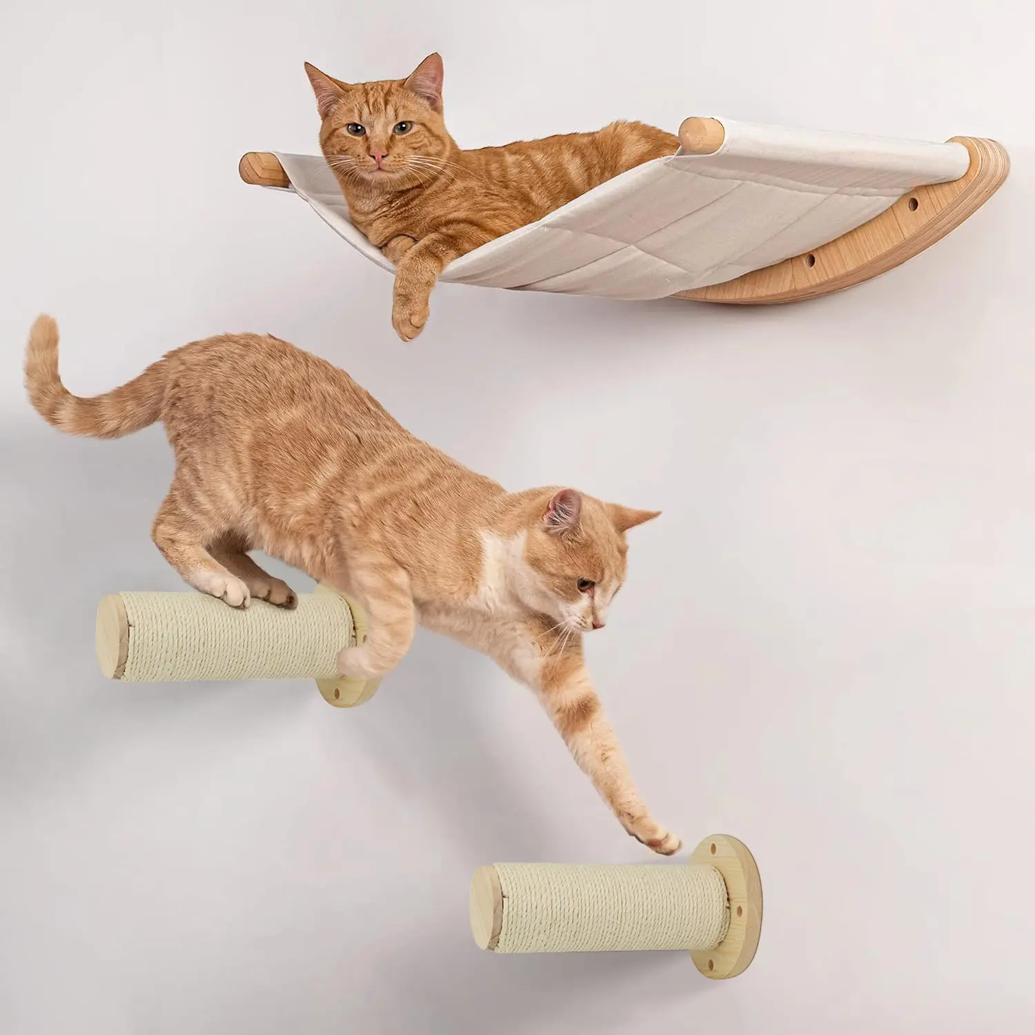 3-Piece Wall Mounted Wood Cat Climbing Set - Classic & Contemporary Design, Cotton Hammock, 2 Steps, Bed, Jumping Platform for Indoor Home #SummerSale