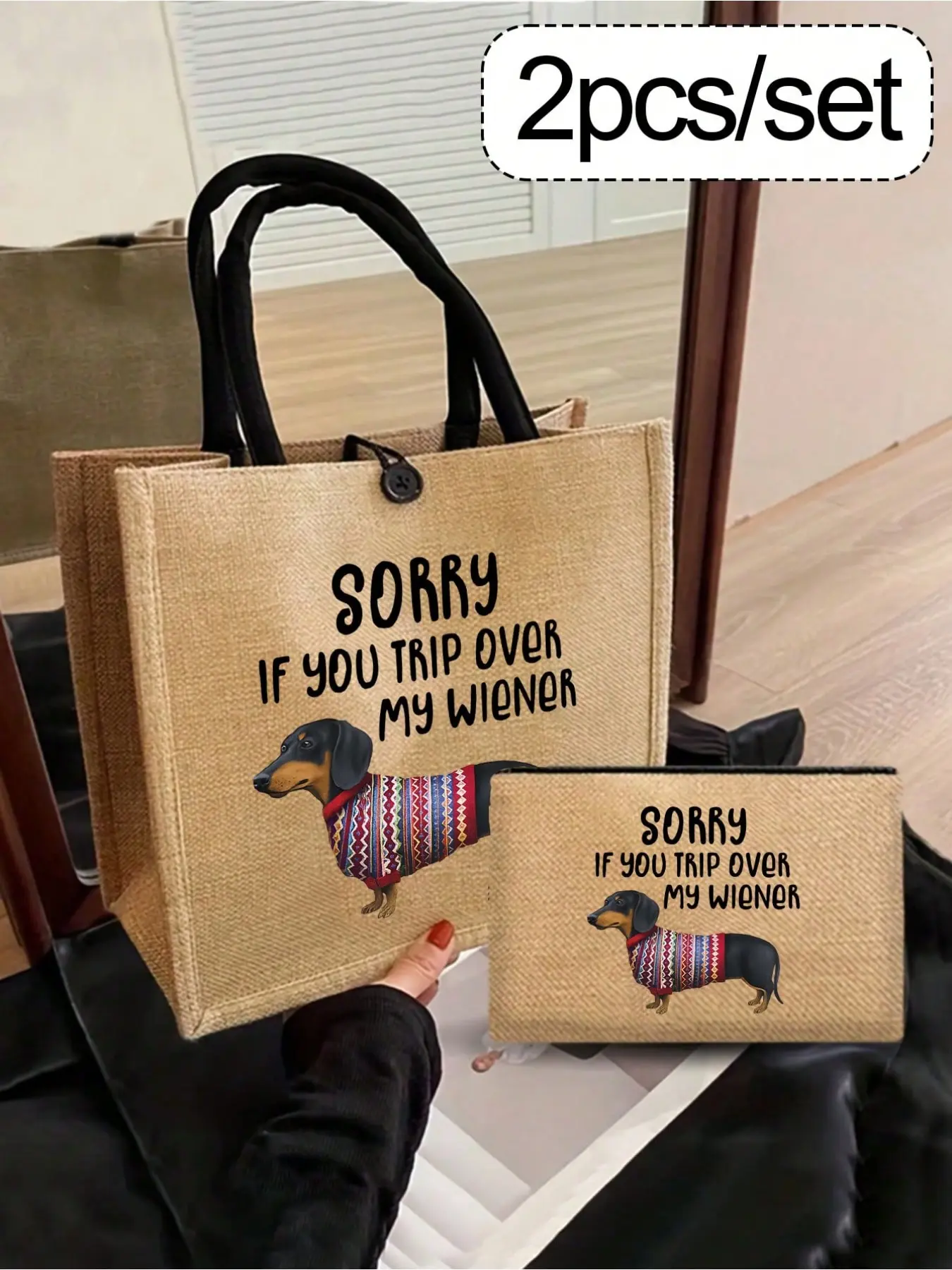 Linen tote bag & makeup pouch set with cute dachshund print and funny lettering. Simple large capacity, multi-use as storage bag, toiletry bag, shopping bag and pencil case.