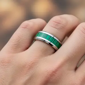 Mens Engagement Ring Bevel Edge with Malachite Strips Inlay Tungsten Wedding Ring, Women Ring, Anniversary Gift, Gift for Him, Gift For Her, Silver Tungsten Band