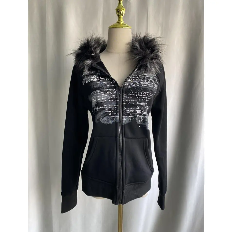 Y2k Fur Patchwork Grunge Hoodies Women Streetwear Vintage Harajuku