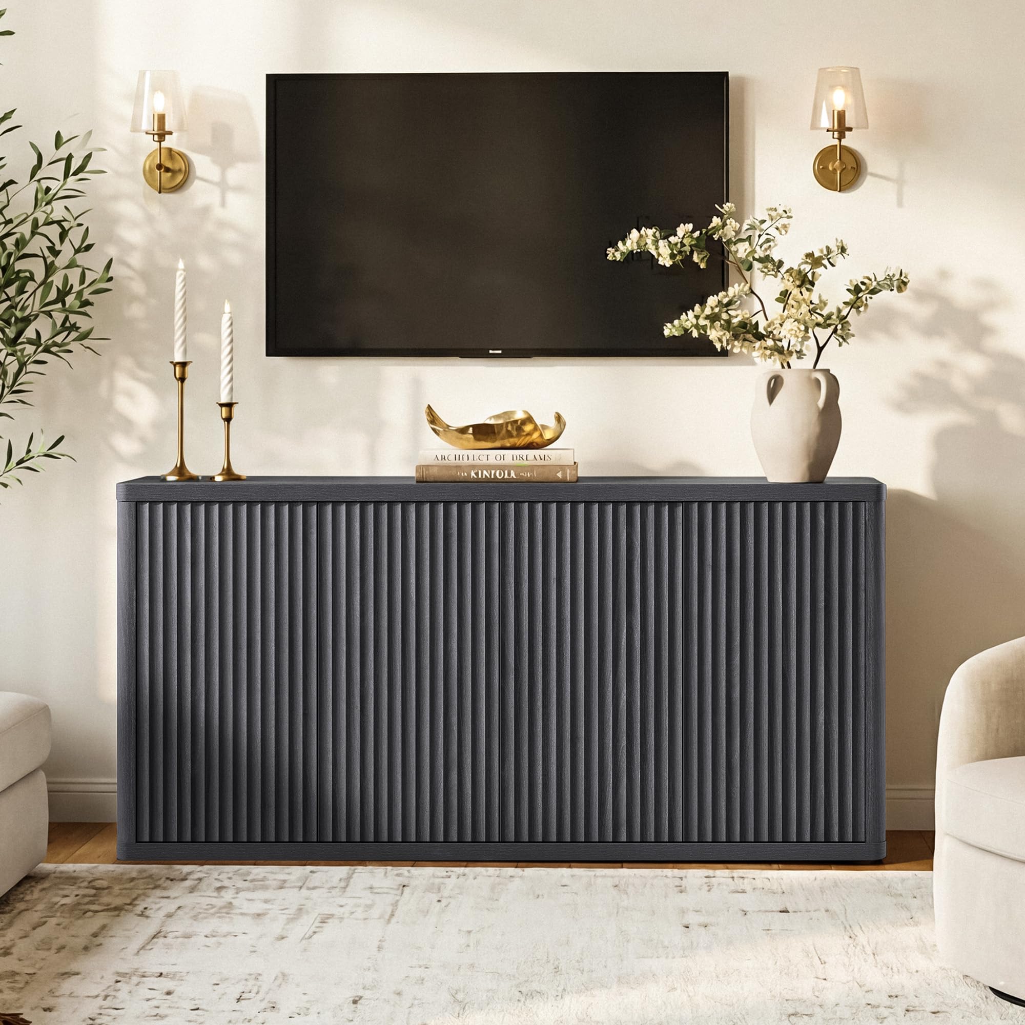 SICOTAS Modern Long Fluted TV Stand - Single Unit Media Console with Storage, Solid Base Entertainment Center for 65" TVs, Living Room Furniture, Storage Space