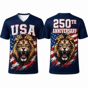 USA 250th Anniversary Patriotic V-Neck Sports Shirt for Men Women, Lion Flag Graphic Short Sleeve Athletic Tee