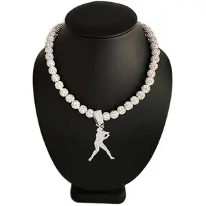 Iced Bling Disco Ball Rhinestone Crystal Bead Baseball Necklace White Silver Player Swing Pendant