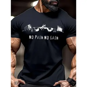 Men's Pink Muscle Pattern T-shirt - "Painless No Weight Gain" Weightlifting Print, Polyester Blended, Round Neck, Machine Washable for Summer SportsRAIMENTRY