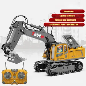 Remote Control Excavator, 1200mAh RC Excavator with Metal Shovel and Lights, 13CH Excavator Christmas Gift Birthday Gift Alloy Bucket