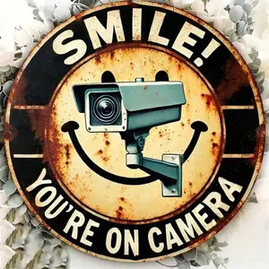 Aluminum Security Camera Sign Smile You Are On Camera 8 Inch 2D Flat Round Decorative Vintage Wall Art for Home Bar Cafe Decor Home Decoration