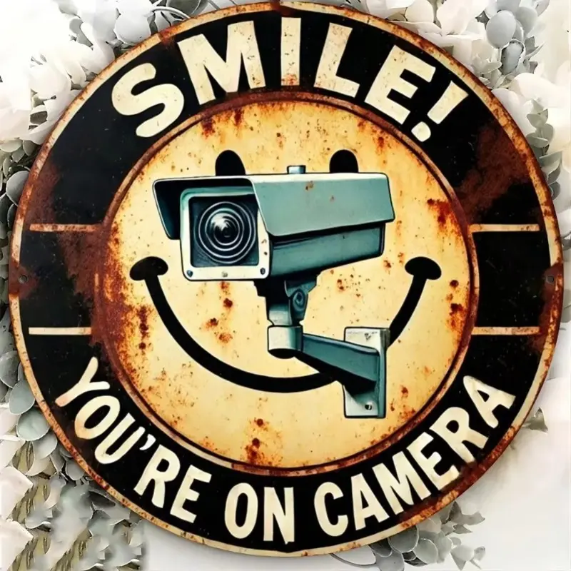Aluminum Security Camera Sign Smile You Are On Camera 8 Inch 2D Flat Round Decorative Vintage Wall Art for Home Bar Cafe Decor Home Decoration