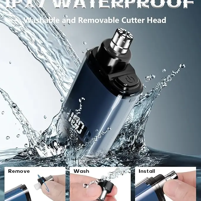 Men's Cordless Rechargeable Nose Hair Trimmer with Charging Cable & Dust Cover - Waterproof Dual Edge Blades, Painless Shaving, Less Tugging, Compact Super Motor, Digital Display, Large-Capacity Battery, Eyebrow & Facial Groomer, Easy-Clean Accessory