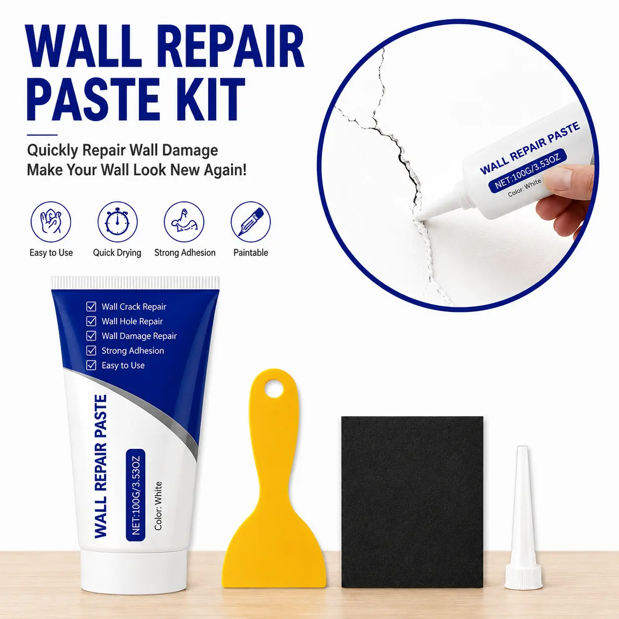 Drywall Repair Kit with Scraper, White Spackle Wall Hole Filler, Wall Crack Repair Paste, Plaster Patch Compound for Holes, Cracks & Dents, Fast Dry Wall Repair, Paintable, Smooth Finish, Interior & Ceiling Repair, Home Wall Fix